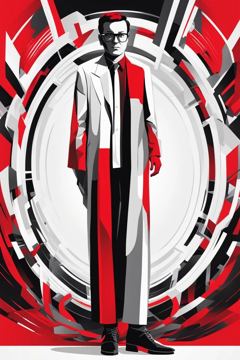 Ilustración vectorial de Gustavo Petro Neofuturista, colores contrastantes, rojo, negro y blanco, full body