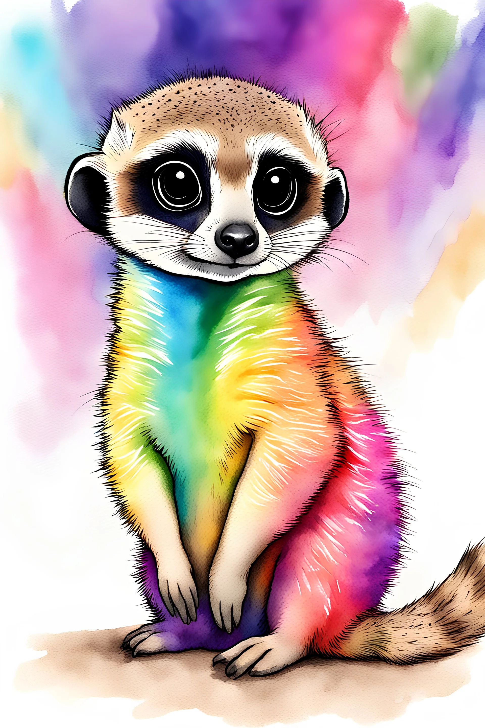 meerkat with rainbow colored fur, illustration, anime style, full body, water color