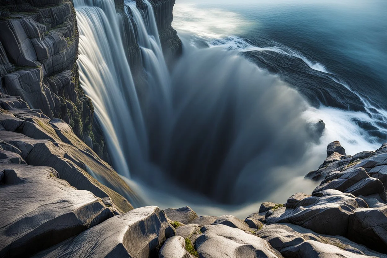 Majestic waterfall plunging into a deep, unseen abyss. Lush greenery covers the cliffs, with rocky outcroppings jutting into the churning water at the base. The scene evokes a sense of awe and mystery.