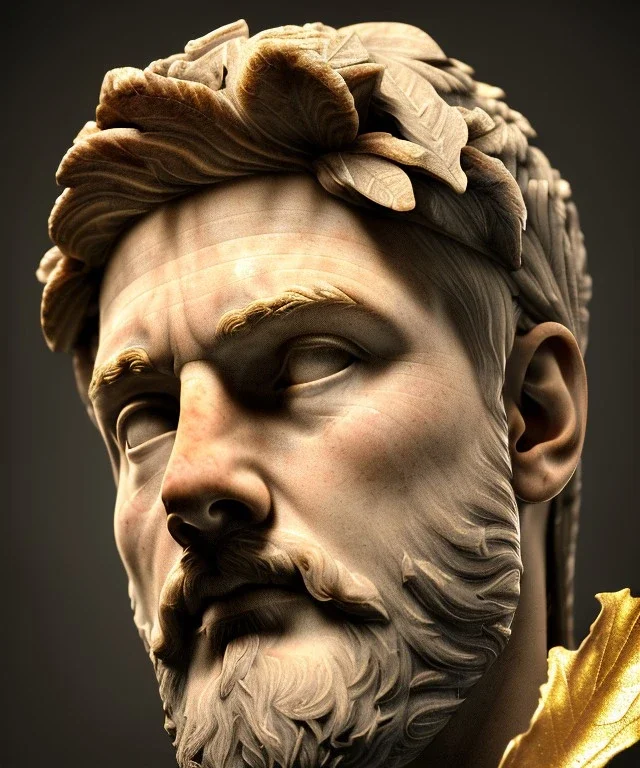 Ultra Realistic image, roman sculpture, marble deluxe material, Lionel Messi, gold Laurel leaves crown model, miguel angel style, chisel style, emperador, waist up portrait, cinematic lighting, God light, god rays, 4k resolution, smooth details, ornate details, soft lighting, unreal engine 5, soft cyan background.