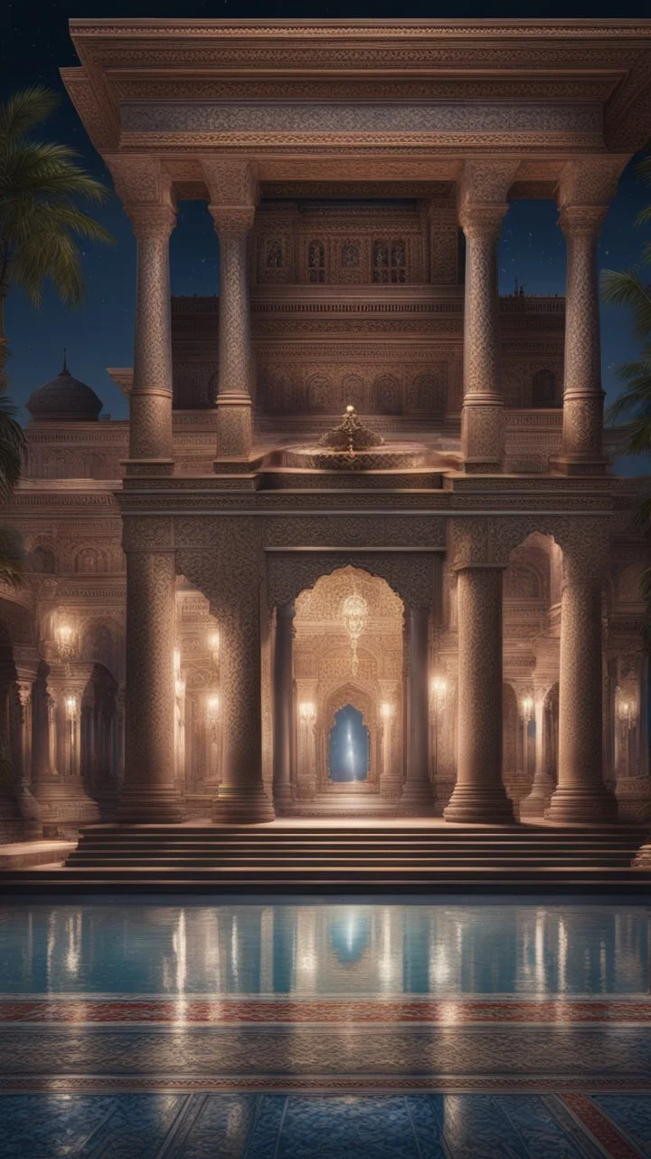 Hyper realistic detailed Outside historical indian palace with glass work on pillars with beautiful carpet & water fountain at night