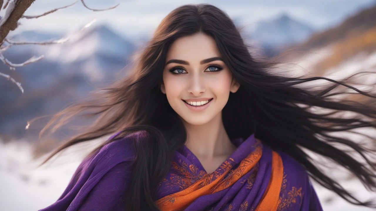 Hyper Realistic Close-up-face-view of a Beautiful Young Happy Pashto Girl with beautiful-eyes & long-black-hair smiling & wearing purple-&-orange-embroidery-dress-with-black-shawl whirling with breeze, tall-grass along with a thick-tree on mountain top & snowfall-day showing dramatic & cinematic ambiance