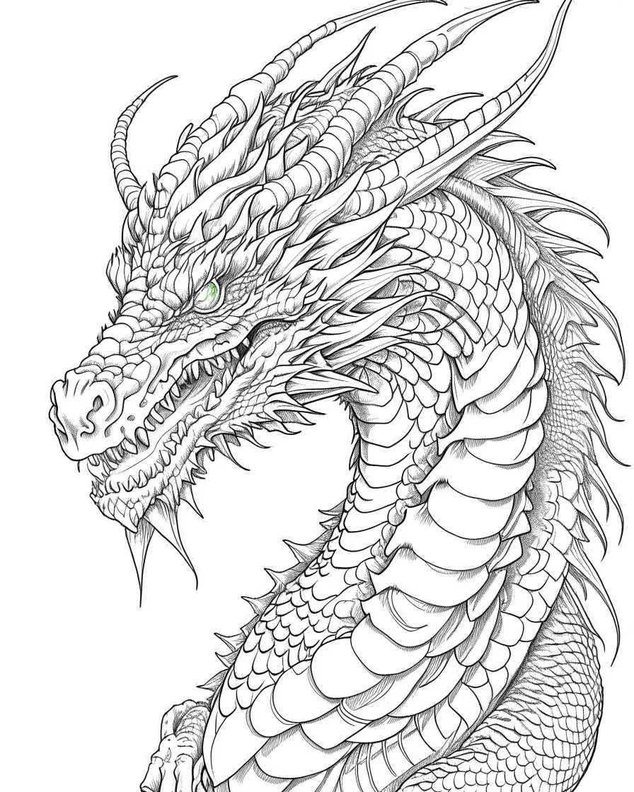 coloring image of dragon, line art, realistic, white background