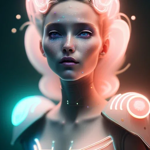 cyberpunk, head, women, portrai, tron sketch of a girl on lined paperA beautiful one nude body of a make up smiling woman blond long hair, alone, high key lighting, volumetric light high details with white stripes and blue eye, smiling with plump pink lips, flowers around, unreal engine petit prince belle fine, profil de trois quart, grand front cosmique, peau bleu cristalline, yeux bleu, perle sur le front long cheveux blond et rose etoilé, cristaux sur le corps, collier de grande princesse, l