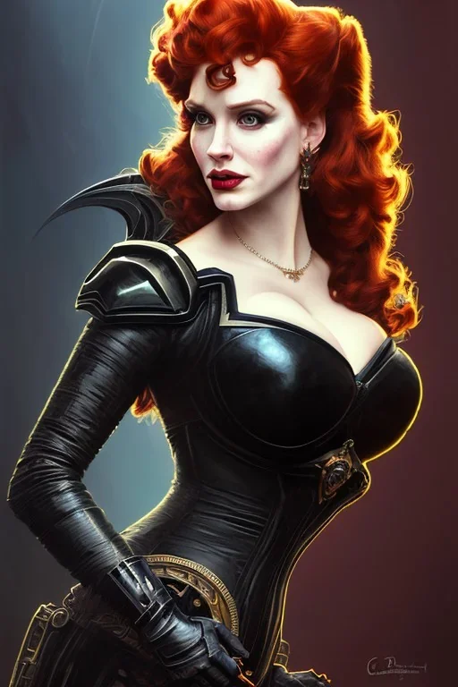 painting of christina hendricks as evil queen in black leather, feminie, angry, strong, volouptous, busty, cleavage, emperious, mature, highly detailed, digital painting, artstation, concept art, smooth, sharp focus, illustration, art by gaston bussiere and alphonse mucha