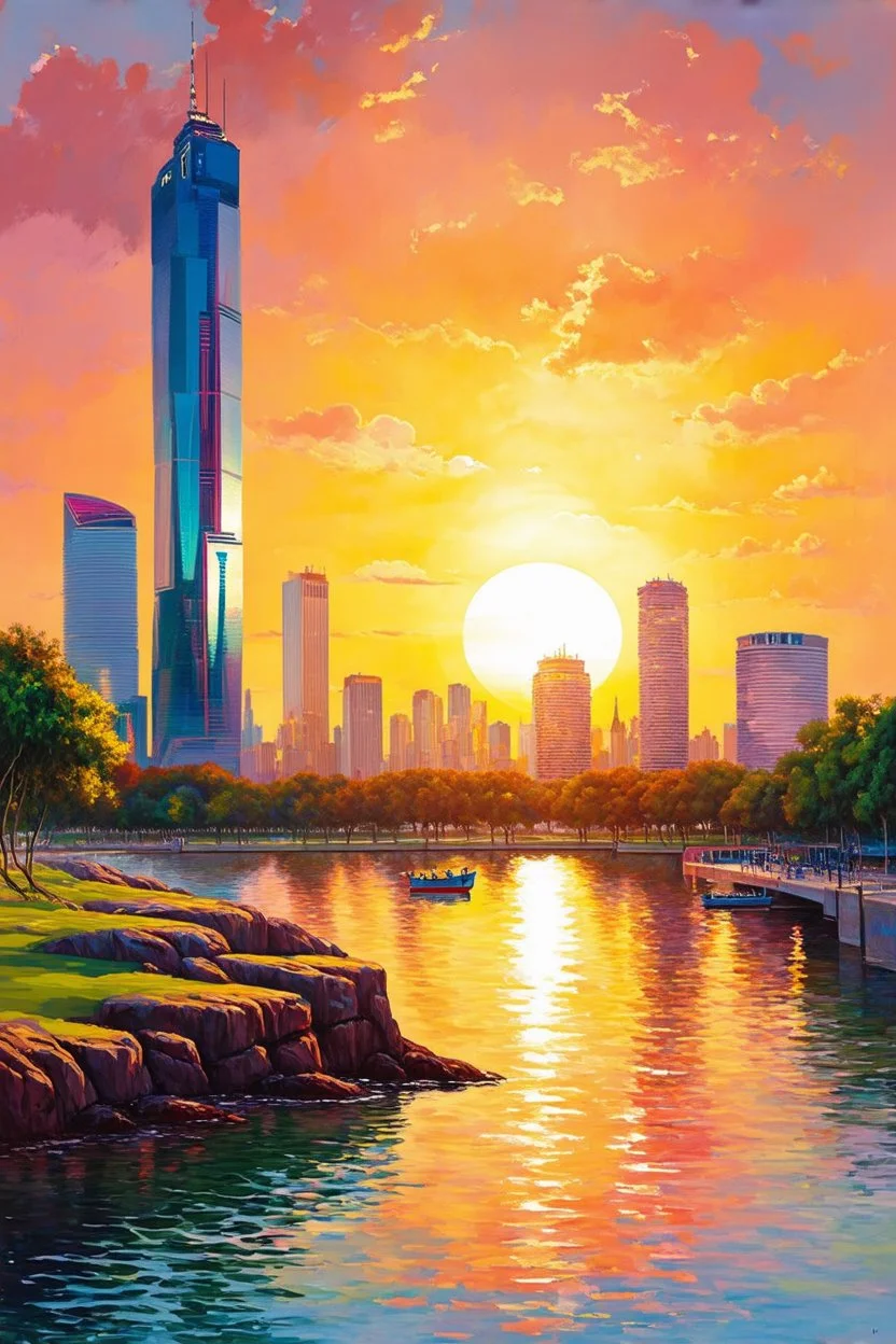 Amazing colorful sunset, buildings, lake, city, rocks, park, coast, cyberpunk, sci-fi, realistic vision, and claude monet impressionism paintings
