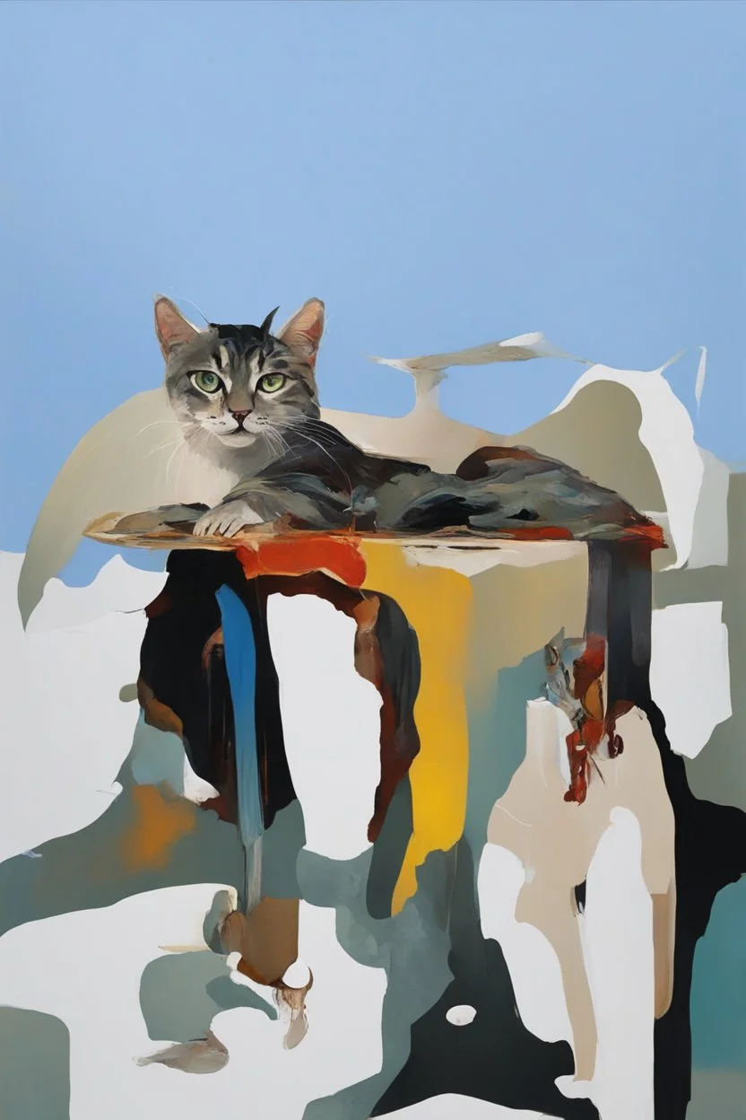 Abstract painting formed by a mix of a cat and human flesh-like surgical instruments and universe-like a pigeon and neuralink, surrealism,minimalism,Painting By Adrian Ghenie, Rene Magritte, Salvador Dali, Lucian Freud