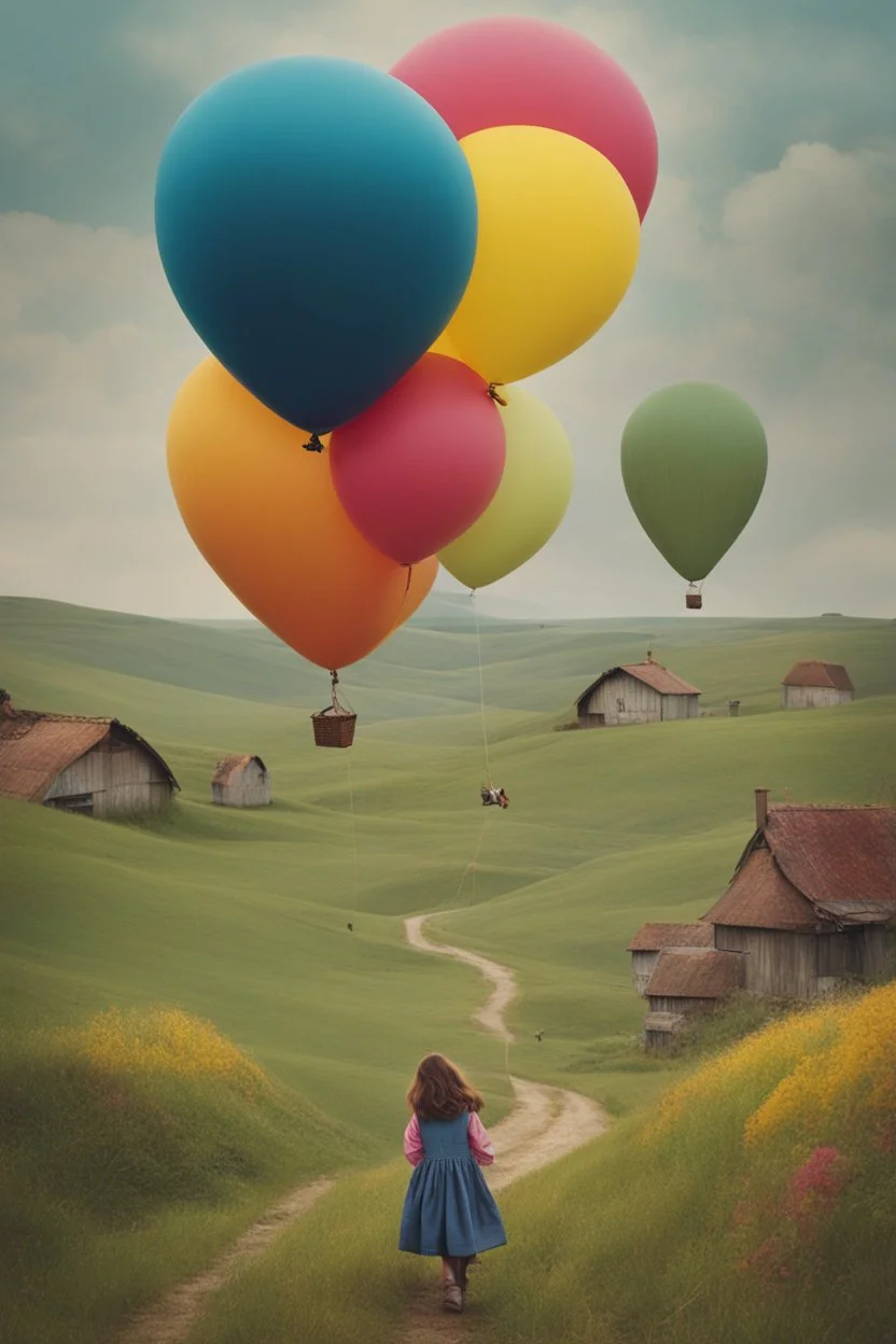 Carry a little girl home my trusted balloons, colorful, surrealism