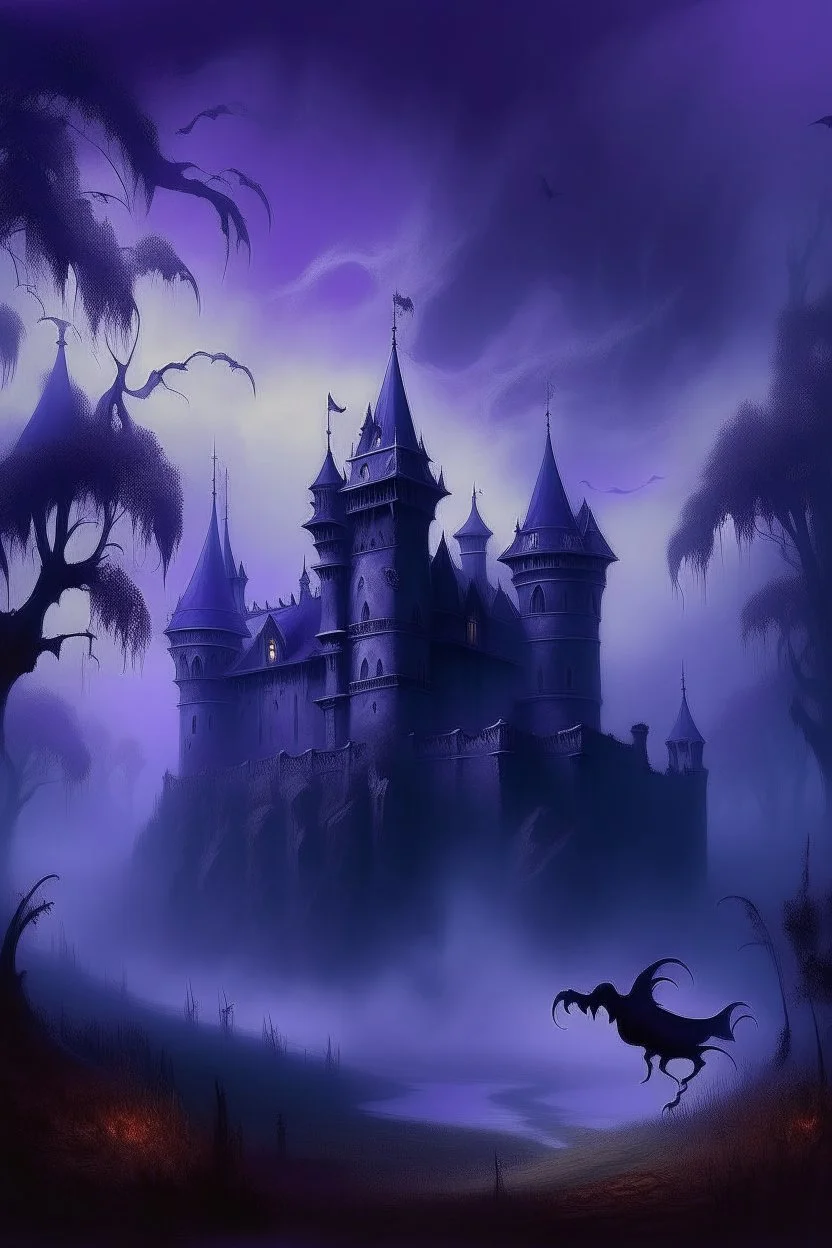 A dark purple haunted vampire castle with ghosts painted by Ivan Aivazovsky