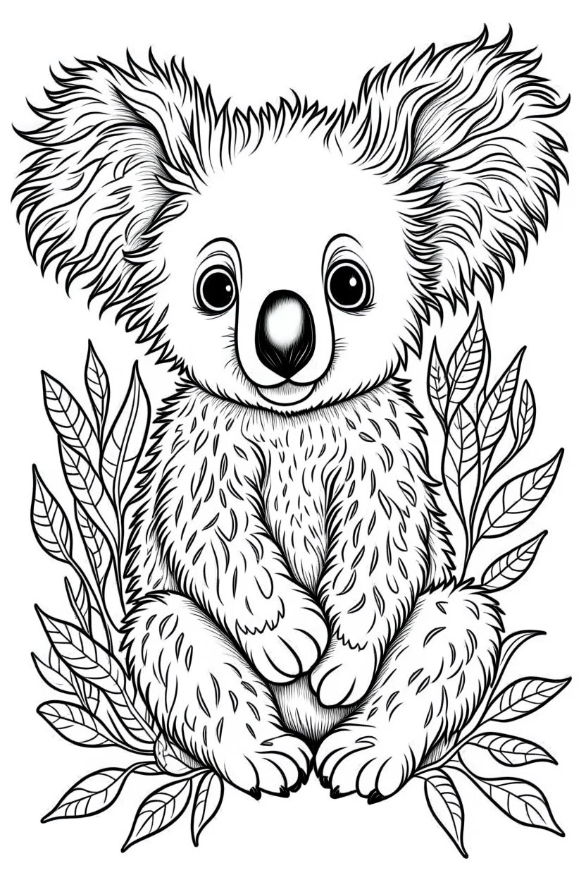 cute coloring page, sketch style, cute baby koala in the jungle, cute cartoon, white and black, withe background, no shadows, outline.