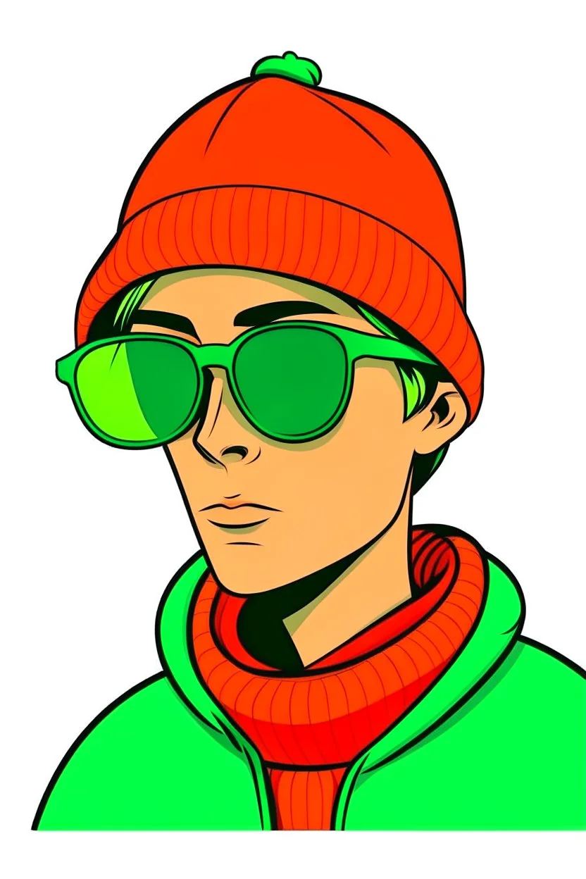 A yung caucasian shaved man with huge black sun glasses wearing a green winter hat, and a red t-shirt. Cartoon style.