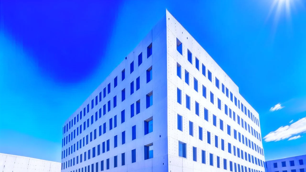 CUBIC BUILDING of concrete with blue sky perforations