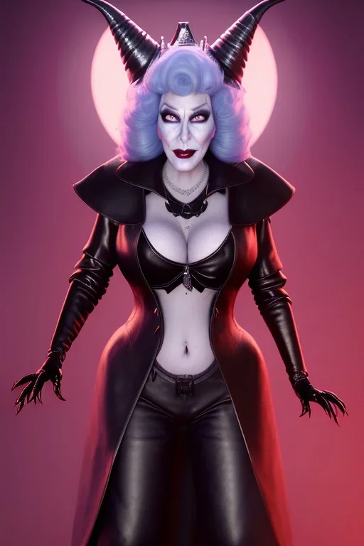 Mae West as evil queen in black leather, leather, busty, cleavage, angry, stern look. character design by cory loftis, fenghua zhong, ryohei hase, ismail inceoglu and ruan jia. unreal engine 5, artistic lighting, highly detailed, photorealistic, fantasy