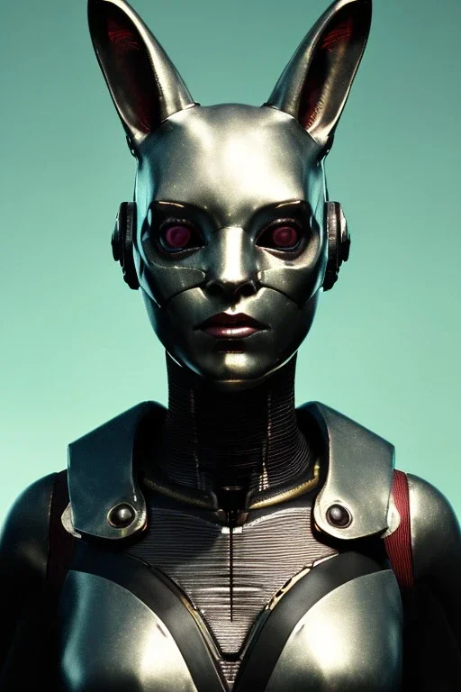 Medium Close Up Portrait, Front image. cyberpunk, rabbit mask, British woman, white short hair. latex, titanium suit. Yellow, black, titanium, color. Star Wars style. Color background, photo studio. Avatar image, highly detailed, concept art, smooth, unreal engine 5, god rays, ray tracing, RTX, lumen lighting, ultra detail, volumetric lighting, 3d, finely drawn, high definition, high resolution.