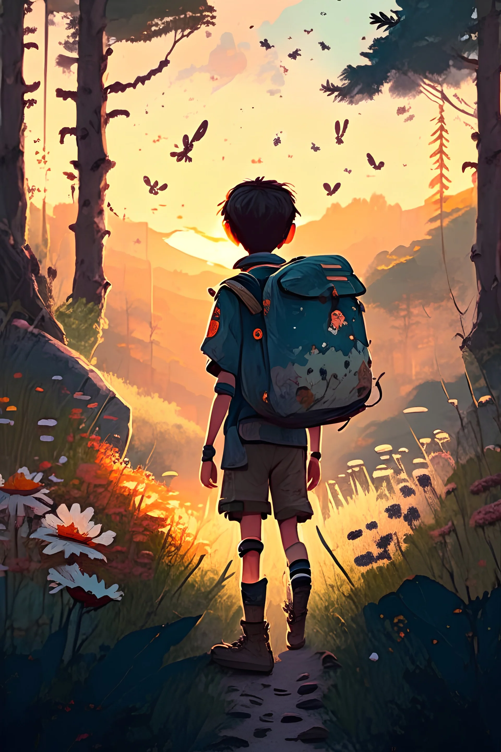 a boy with a camping backpack wandering in the distance through a forest with numerous and tall trees, irregular ground covered with ocasional spots of wild flowers, rocks and little animals, at sunset, lateral view