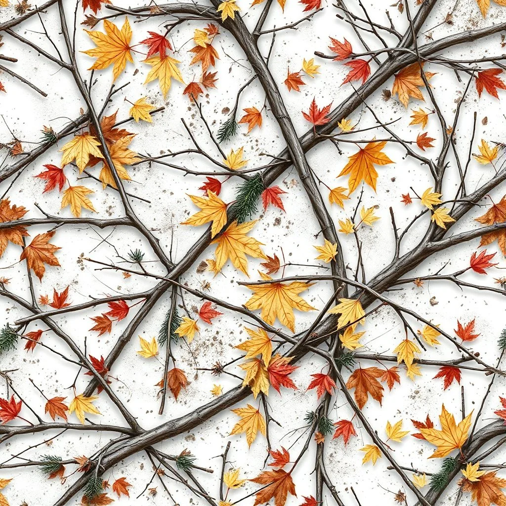 detailed Real Tree Camouflage made of bare branches, fir branches, dried maple leaves, snow and dirt, white background, seamless repeatable texture camo pattern