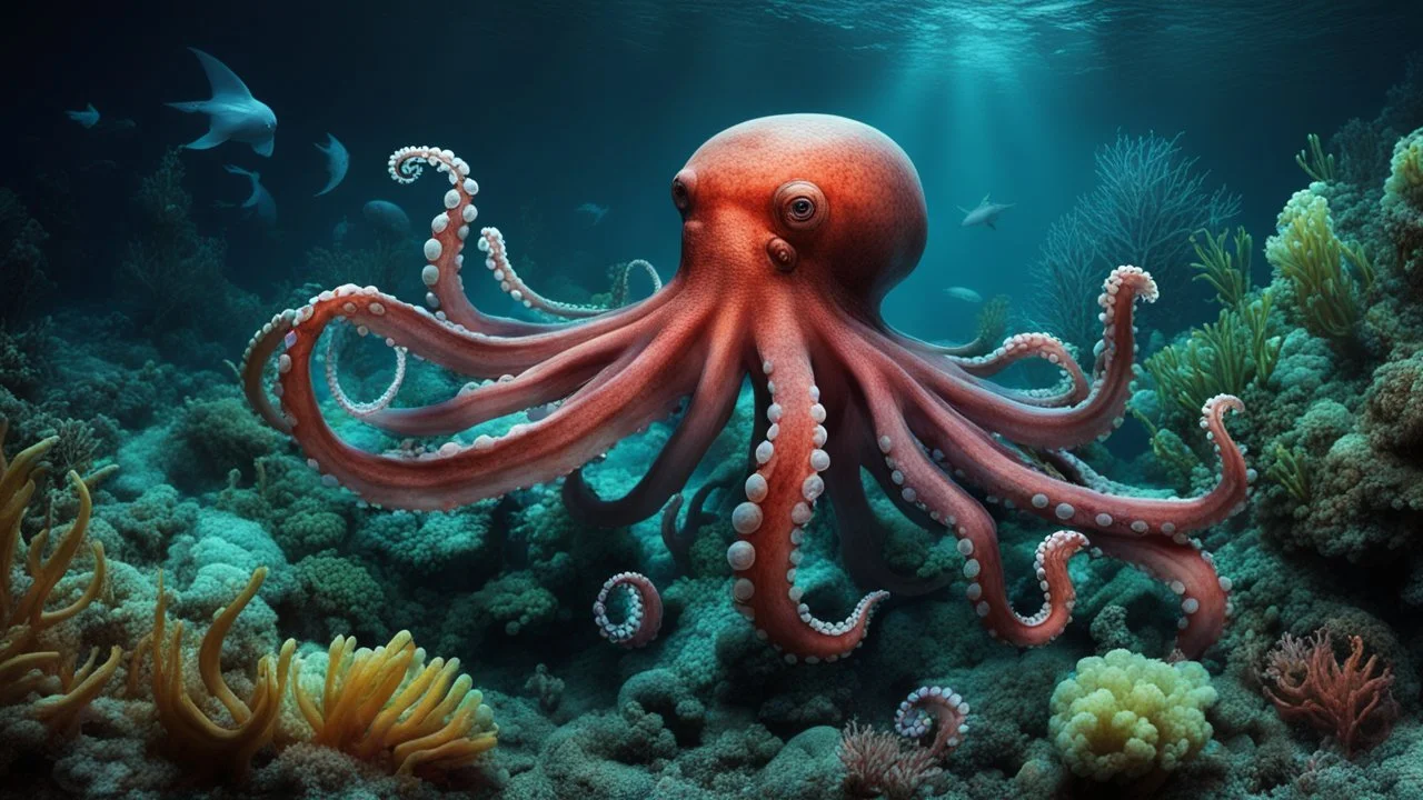 animals creatures, octopus, plants from subanautica from deep sea, leviathan's a lot of sea plants very deep, beautiful, river of magma, green and blue.