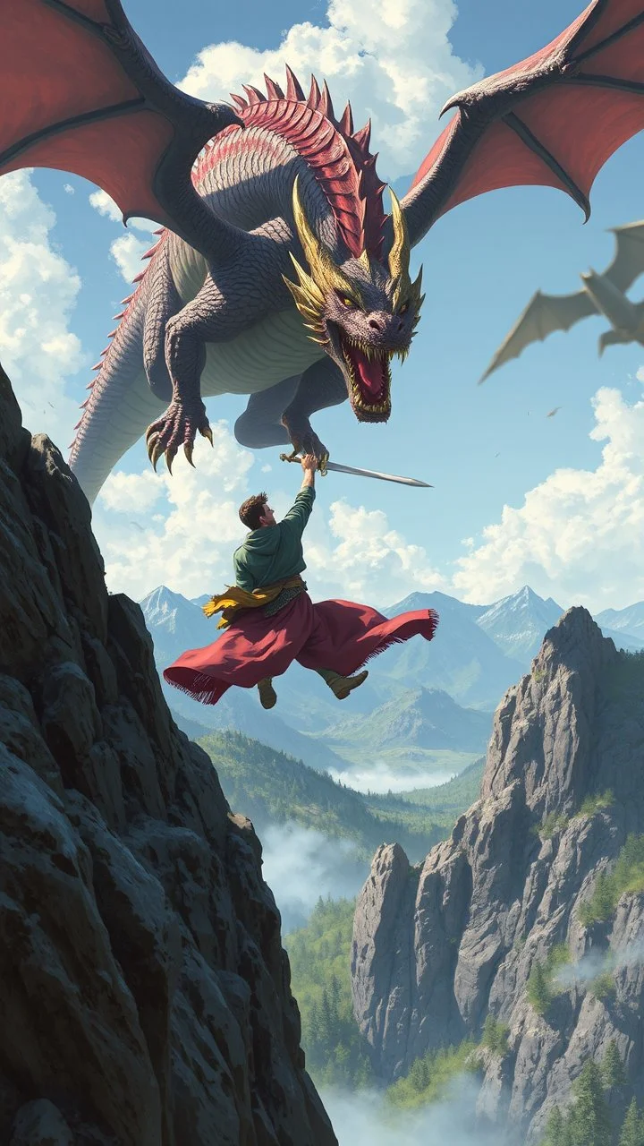 A man climbing a mountain and big dragon attacking him while he is hanging by a robe in one hand and fighting it with a sword on the other hand