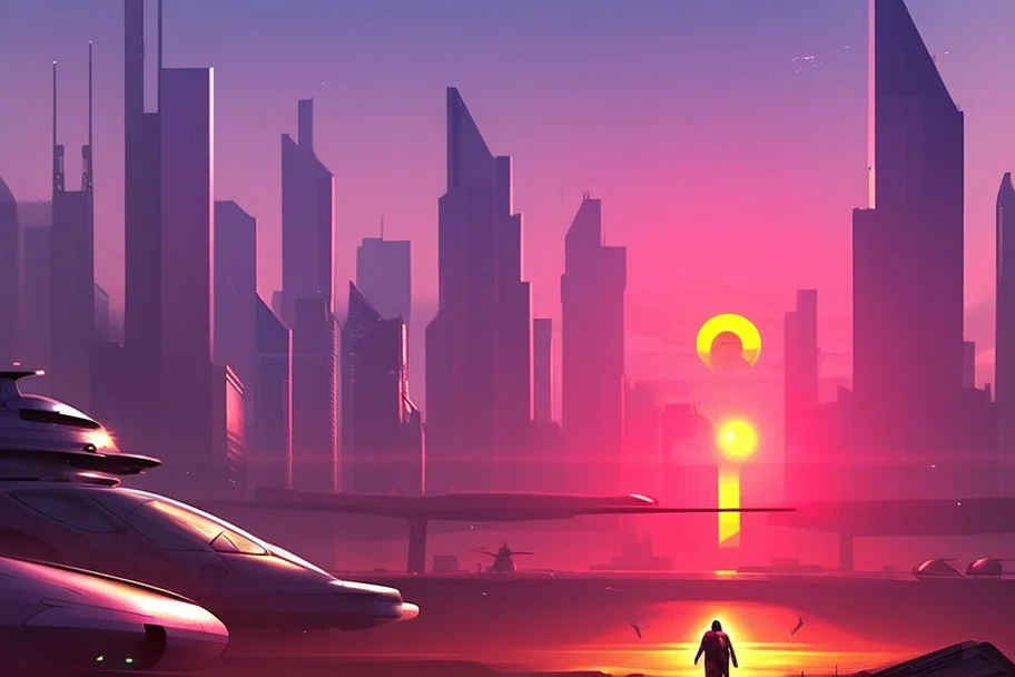 City, avenue, sunset, people, sci-fi, epic