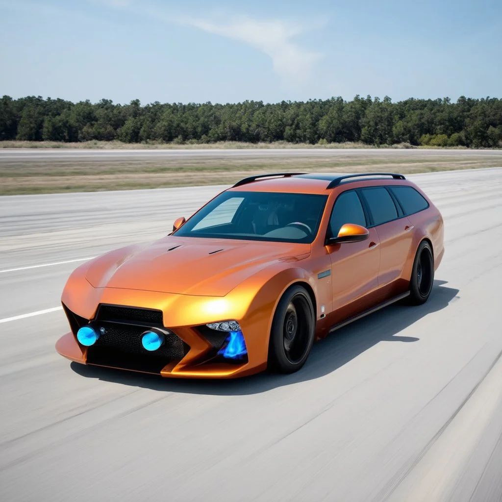 award winning car and driver photograph of a futuristic station wagon fighter-jet genetic-splice designed by only one vehicle per image painted metallic orange traveling at a high rate of speed, jet intake off of front center of vehicle and jet exhaust out the rear with bright blue flame, bilaterally symetrical, more a high speed road vehicle