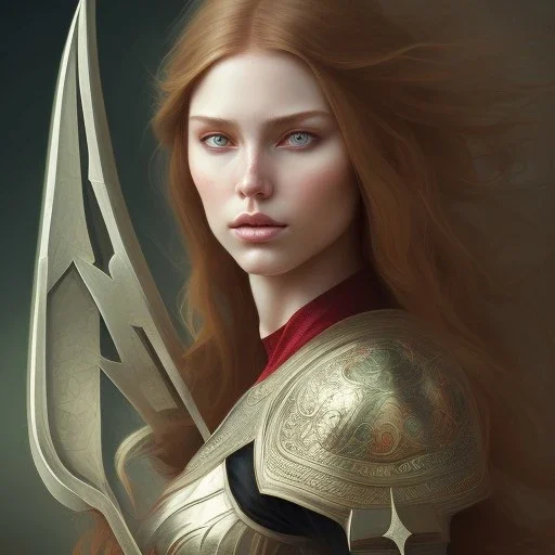 Portrait of serious female ranger, D&D, green eyes, face, long red hair, fantasy, intricate, elegant, highly detailed, digital painting, artstation, concept art, smooth, sharp focus, illustration, art by artgerm and greg rutkowski and alphonse mucha