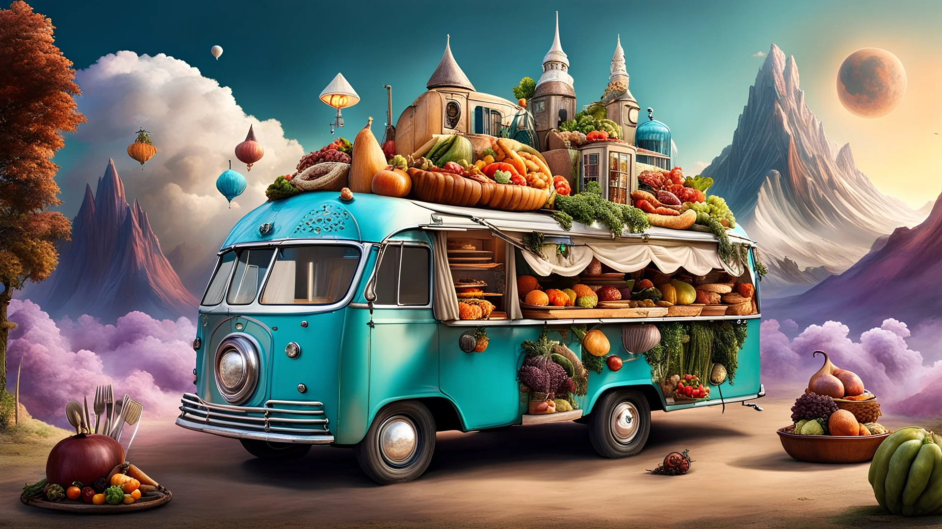 (Gypsy van:1.5) food truck, Surrealist Dreamland: Create a surreal landscape where natural elements and unexpected objects mix in a dreamlike scene