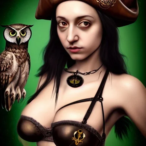 hyper realistic, cute girl, short black air, green eyes, with owl tatoo, dressed a steampunk pirate, bra with carved leather, Tintoretto ships in background. salvador dalì style. high details, meteor shower. 4k, unreal engine Upscale PRO hyper realistic, young small cute girl, short black air, green eyes, with owl tatoo, dressed a steampunk pirate, bra with carved leather, Tintoretto ships in background. salvador dalì style. high details, meteor shower. 4k, unreal engine