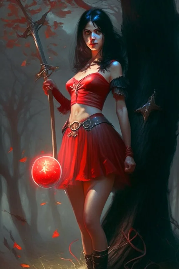 A young dark-haired witch in a red low-cut short skirt, standing under a tree, with a sword on her hip, glowing ball in her hand, photorealistic, delicate detail.