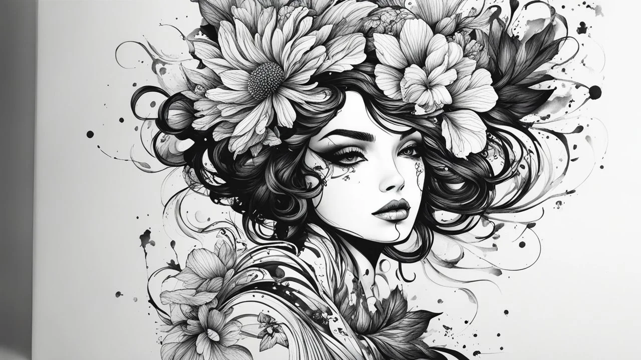 ink design, flower woman