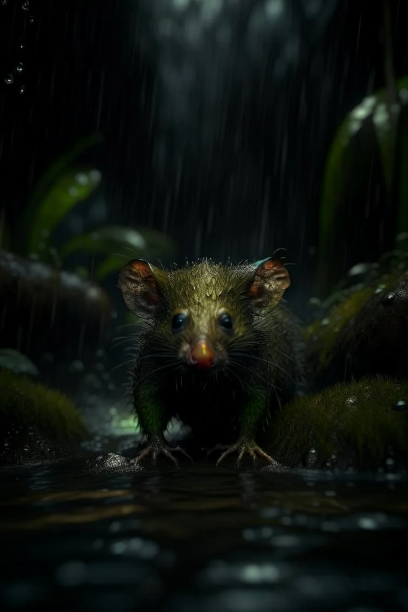 bat rat won the dark clouds, portrait in weird waterfall in moist swamp planet , photo-realistic, shot on Hasselblad h6d-400c, zeiss prime lens, bokeh like f/0.8, tilt-shift lens 8k, high detail, smooth render, down-light, unreal eng