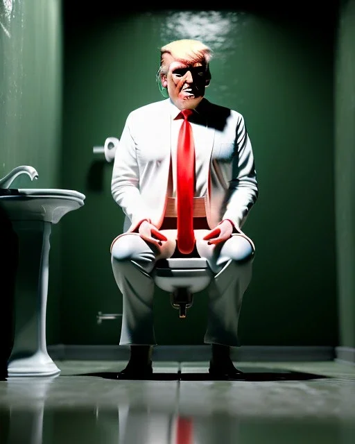 Toilet scene, donald trump sitting with his pants down and defecating, realistic image, Tarantino style, concept art, smooth, unreal engine 5, god lights, ray tracing, RTX, lumen lighting, ultra detail, volumetric lighting, 3d.