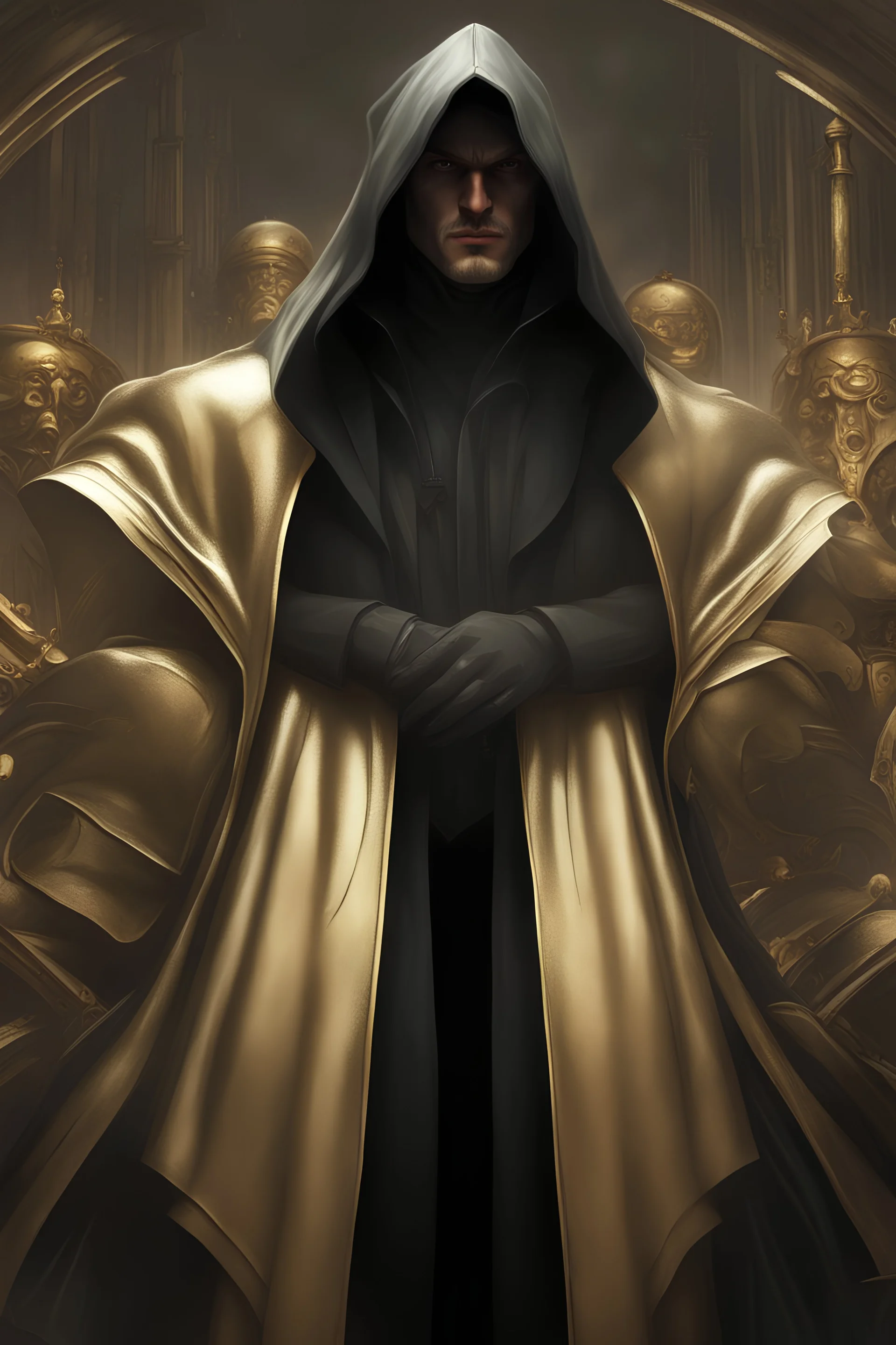 A mysterious gentleman in a black hooded cloak gazing at the viewer in wonder, masterpiece, dystopian, sci-fi, extremely detailed, digital painting, sculpted in zbrush, artstation, concept art, smooth, sharp focus, illustration, chiaroscuro lighting, golden ratio, incredible art by Artgerm and Vincent di Fate