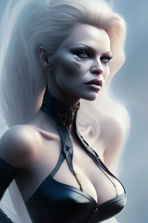 Pamela Anderson as evil queen in black leather, leather, busty, cleavage, angry, stern look. character design by cory loftis, fenghua zhong, ryohei hase, ismail inceoglu and ruan jia. unreal engine 5, artistic lighting, highly detailed, photorealistic, fantasy