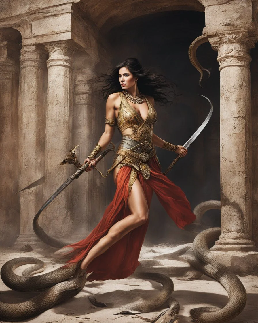 snakes [greek goddess] Trapped in a forgotten temple, a woman warrior with her scimitar fights against two immense serpents . Their muscles straining against the relentless grip. Their struggle embodies resilience and the pursuit of freedom. In the decaying ruins, they refuse to yield. Bound by an unbreakable bond