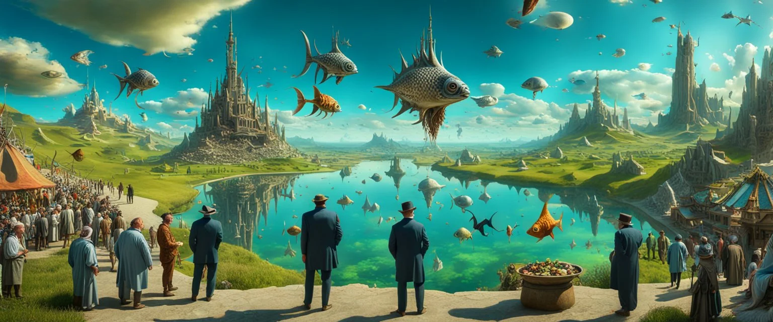 Mr Salvador Dali and Mr Hieronymus Bosch talking to each other at an outdoor surrealist market. A herd of dream-like sky-fish swim high in the far distance, with a beautiful surreal outdoor countryside summer scene with hills, waterfalls, and an intricate fractal sky, very high detail, photorealistic, epic cinematic, 8K, Large depth of field