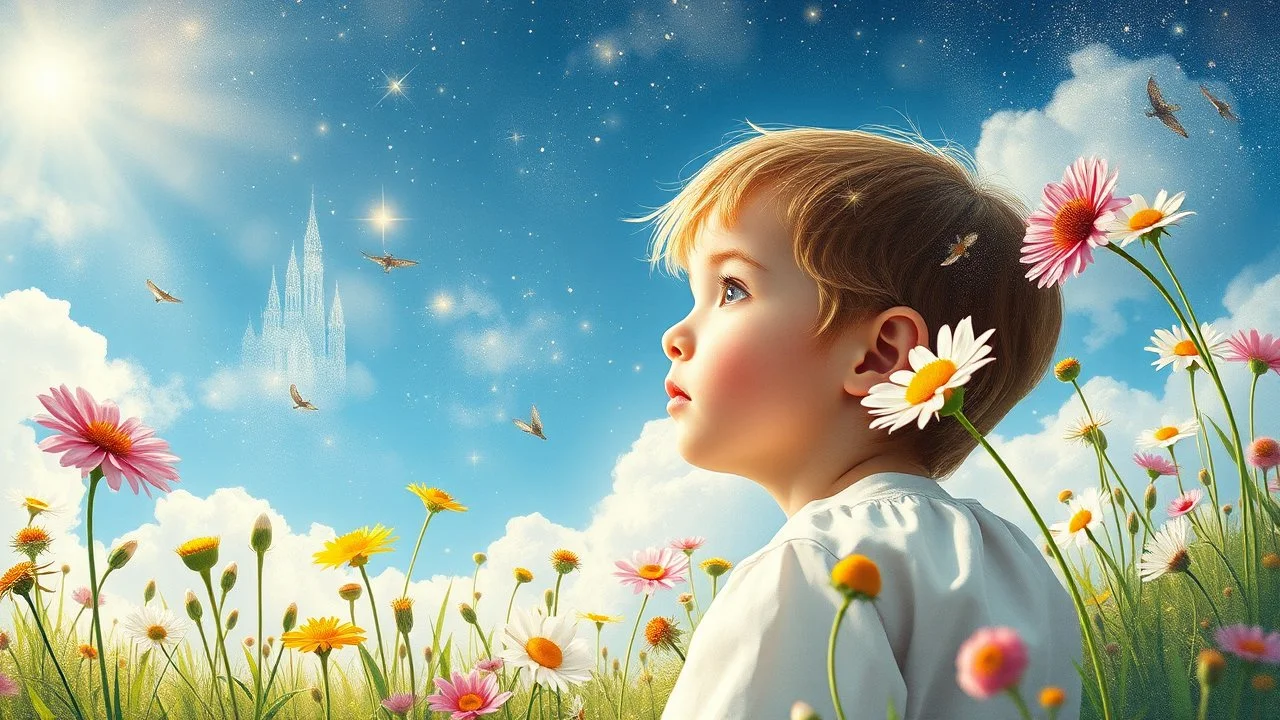 429. Dans son monde doux, l'enfant rêveur se perd, parmi les fleurs, les étoiles et le ciel clair. Son regard innocent, ses pensées envoûtées, dans un univers de beauté, à jamais émerveillé. Il imagine des châteaux dans les nuages, des lucioles jouant dans les prairies sauvages. Ses rêves sont comme des contes de fées, où chaque instant est un trésor à savourer. Son cœur pur bat au rythme de l'imagination, dans un océan de joie et de fascination. Car c'est dans ses rêves qu'il trouvera l'infini