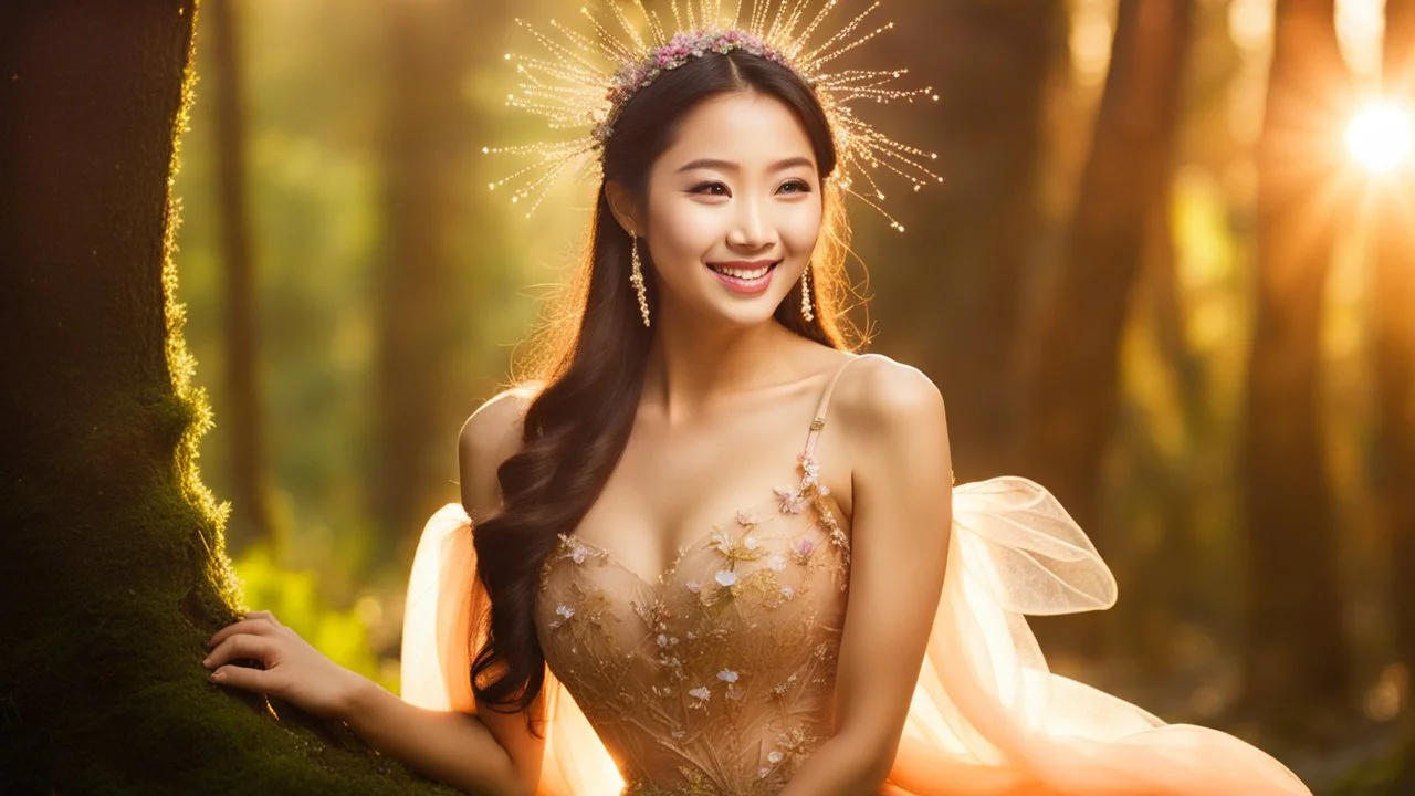 A gorgeous smiling Asian model in a fairy outfit in a magic forest with 1000 y/o trees, a small torrent, sun rays through the branches, particles in the air at dawn