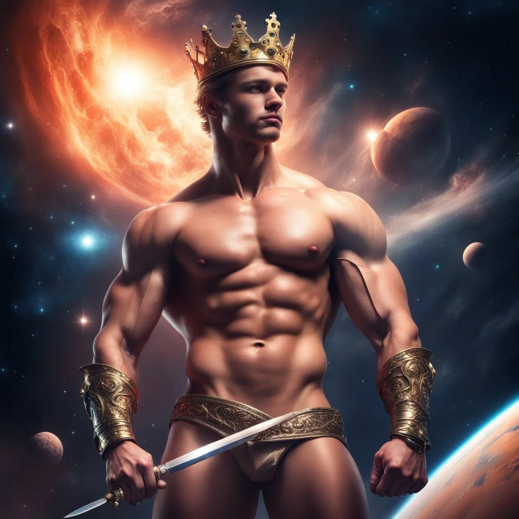 Hyper Realistic Shirtless Muscular Young Handsome king on Venus with his sword in outer space