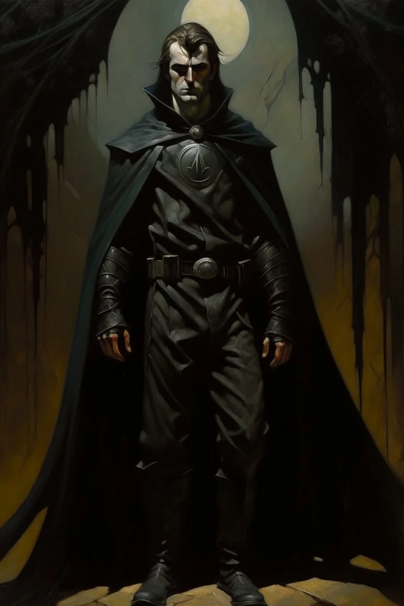 1970's dark fantasy cover dnd style oil painting of a hero with black outfit with minimalist far perspective. Magazine.