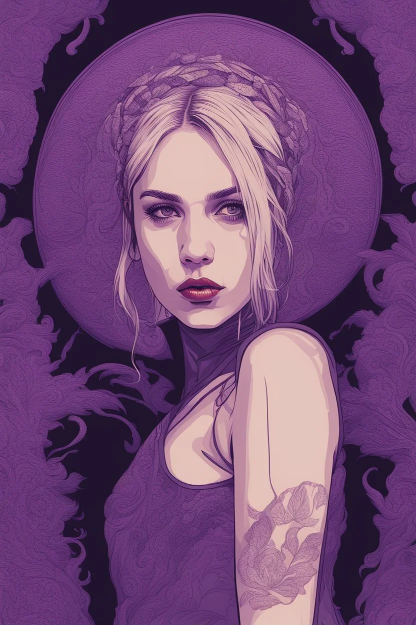 singer Danish MØ face, hyperdetailed, intricately detailed, illustration by <kilian eng>, purple tones, darkred tones,