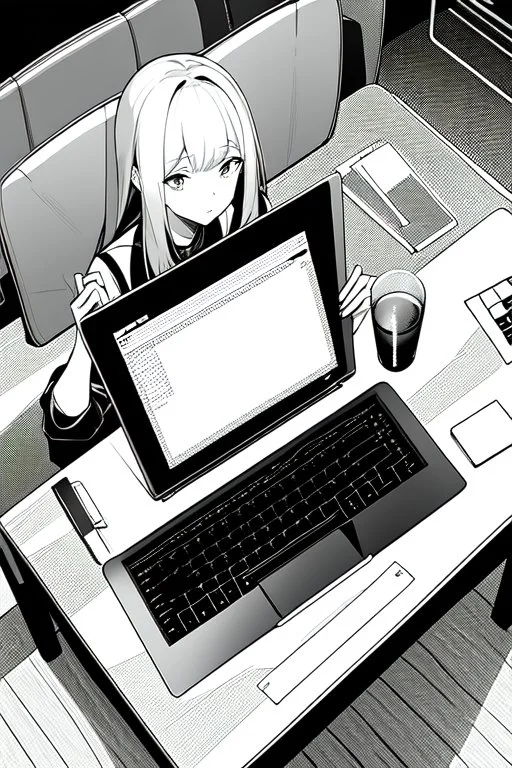 hacker girl use a laptop above a table in a cafe, line arts, greyscale