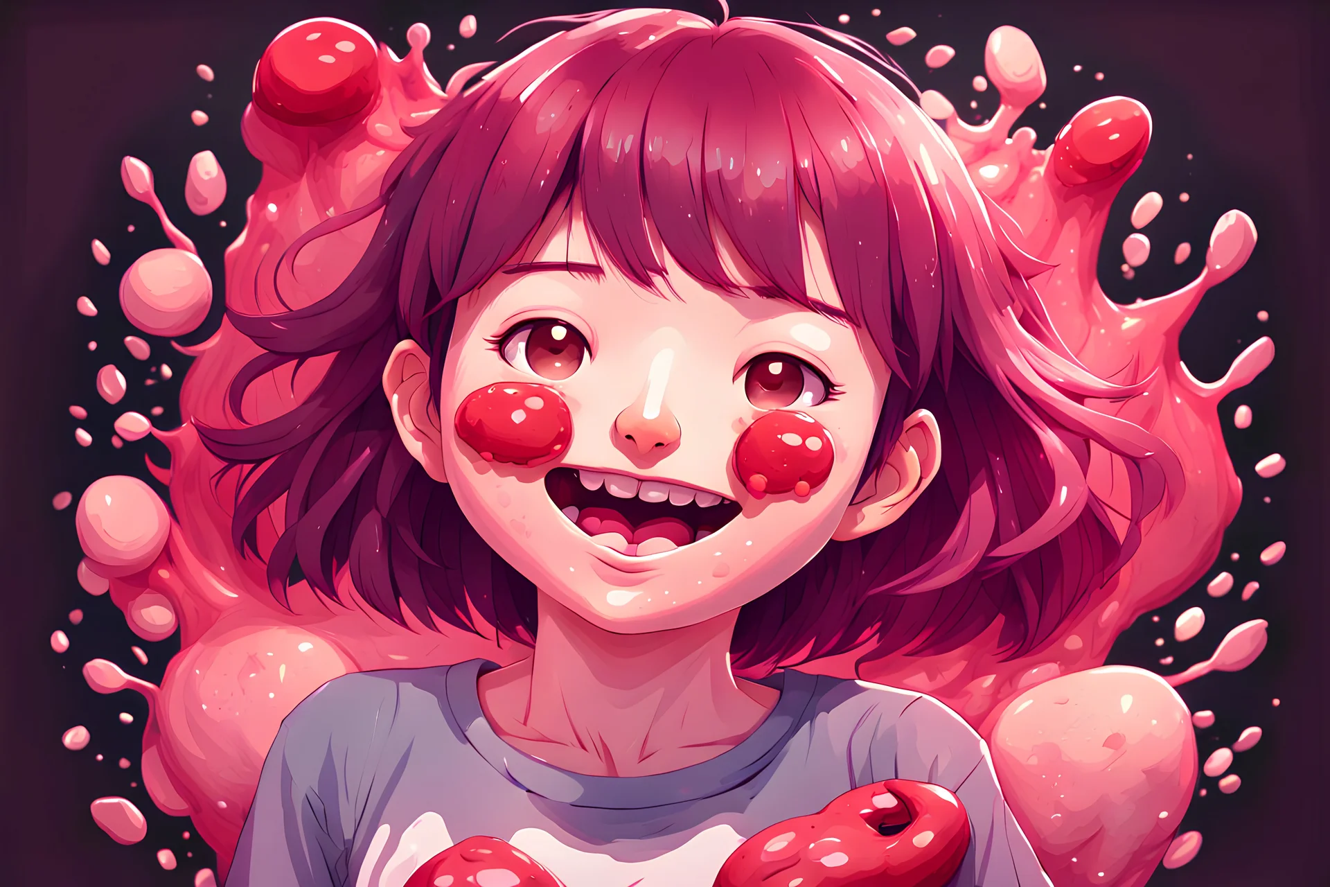 A detailed illustration Anime girl smiling crushed inside really darkred fleshy stomach filled with digestive juices, t-shirt design, in the style of Studio Ghibli, pastel tetradic colors, 3D vector art, cute and quirky, fantasy art, watercolor effect, bokeh, Adobe Illustrator, hand-drawn, digital painting, low-poly, soft lighting, bird's-eye view, isometric style, retro aesthetic, focused on the character, 4K resolution, photorealistic rendering, using Cinema 4D, vector logo, vector art,