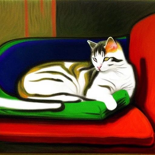 oil portrait of tricolor pattern Cat sleeping in a sofa by monet 8k