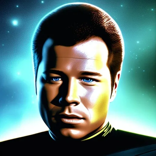 Portrait of Young William Shatner, Star Trek II style, Photorealism, Full Body Shot, Wearing Blue TNG Uniform, 8k, Starfield Background