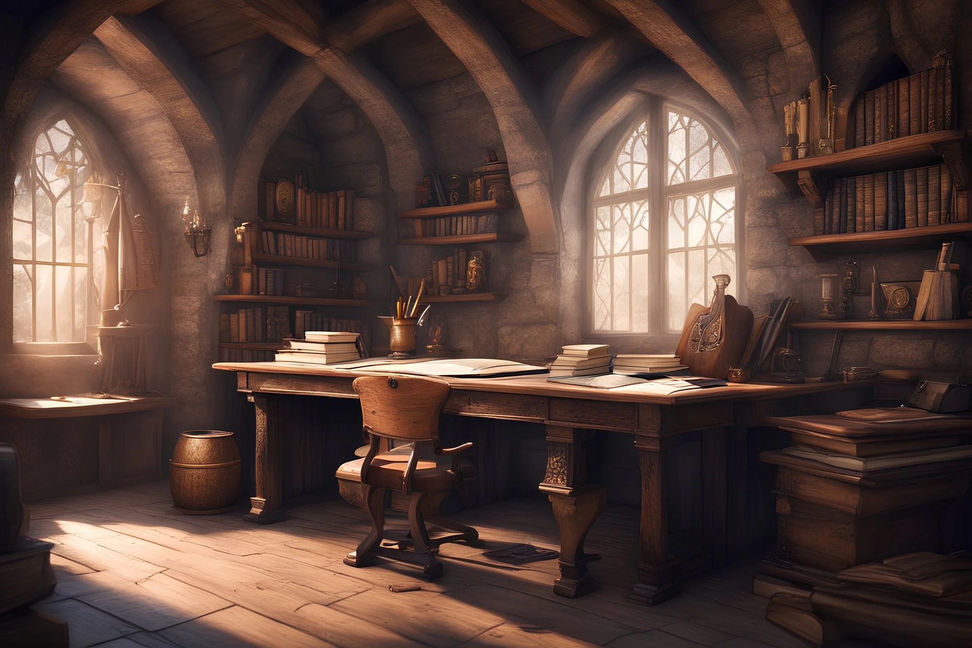 fantasy medieval study room with a desk