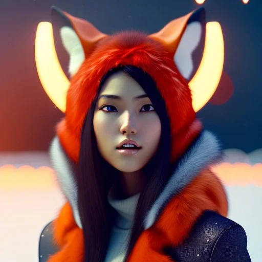 mdjrny-v4 style, cute asain girl wearing a fox hat by greg rutkowski and Guwiez, depth of field, cinematic lighting, 8k uhd, redshift render