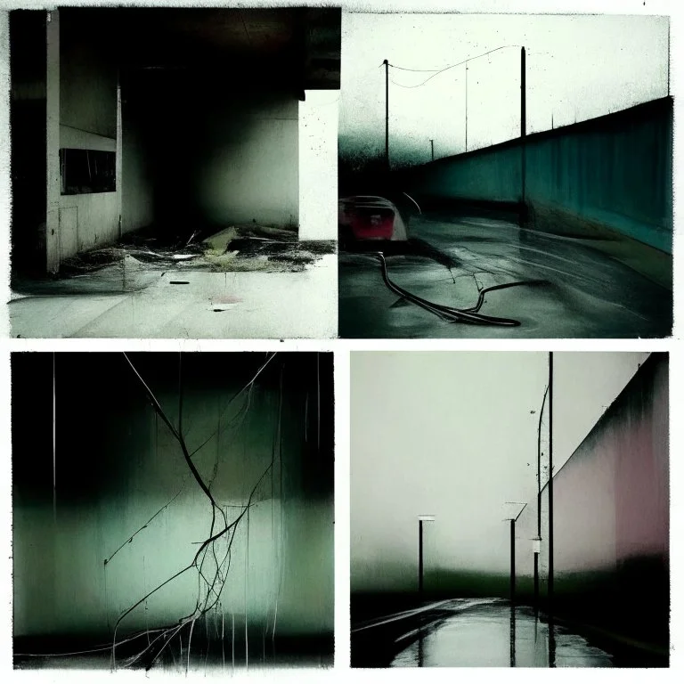 Minimal abstract oil paintings desolate 1960s carpark. Falling concrete . Broken neon pipes and wires. In the style of Justin Mortimer and Francis Bacon.