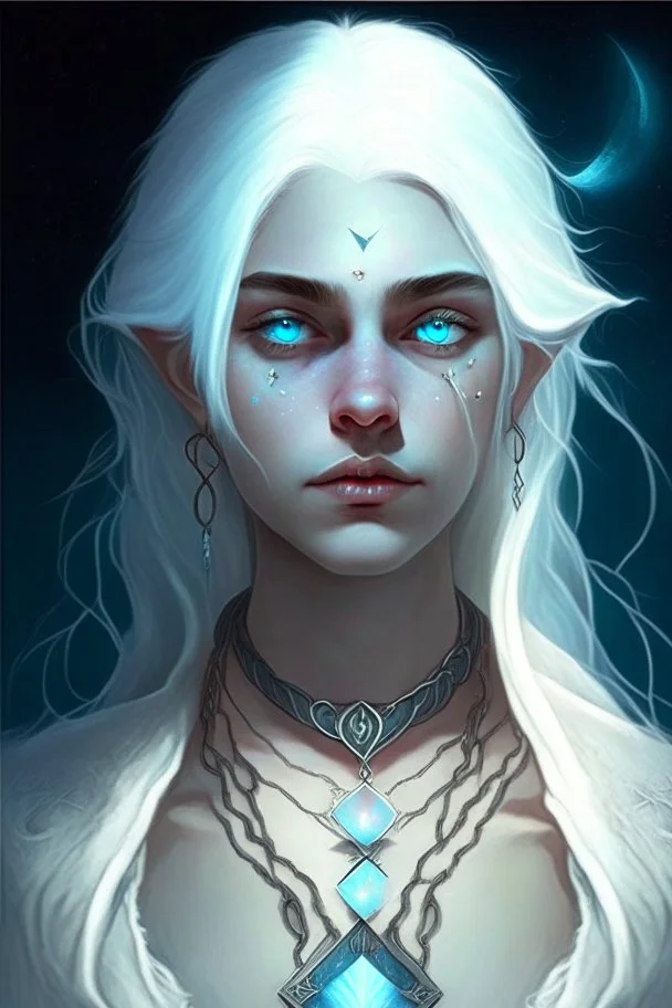 hauntingly beautiful character for dnd, young woman with white hair and blue eyes, angel, with moon necklace