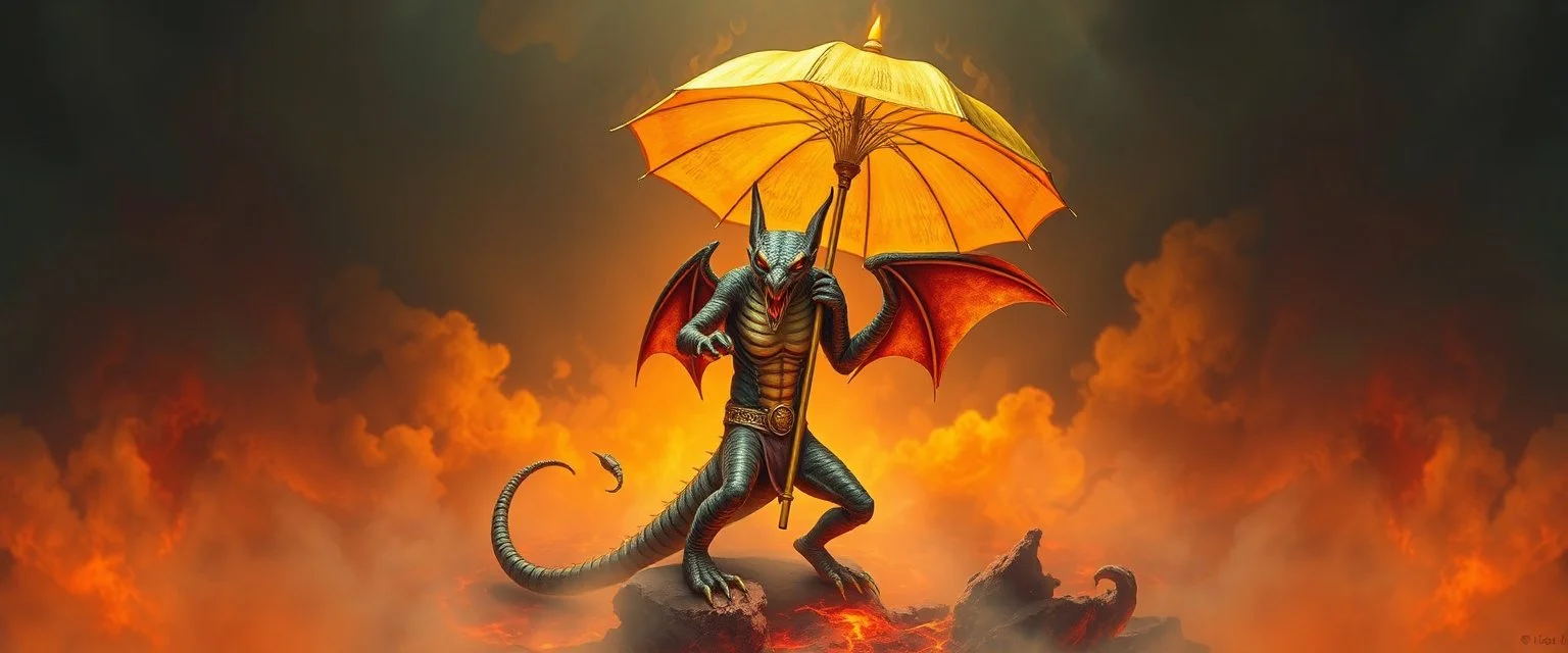 smite by god was the evil demon gremlin winged serpent man holding a golden umbrella in a pool of smoke and lava in the style of Escher and Giger.