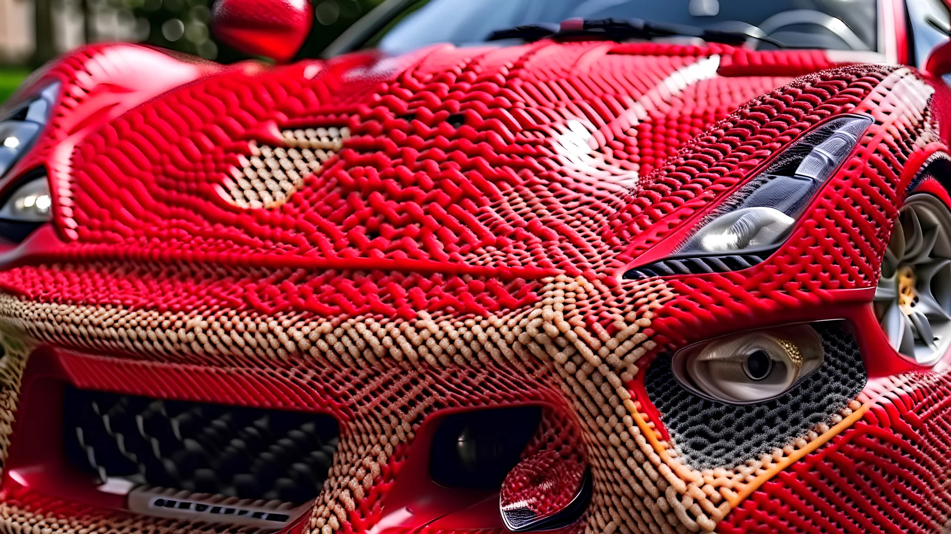 crochet Ferrari, intricately detailed face, mid shot, professional photography, a breathtaking background, realistic art, shot on dslr 64 megapixels sharp focus, canon lens, 16k resolution